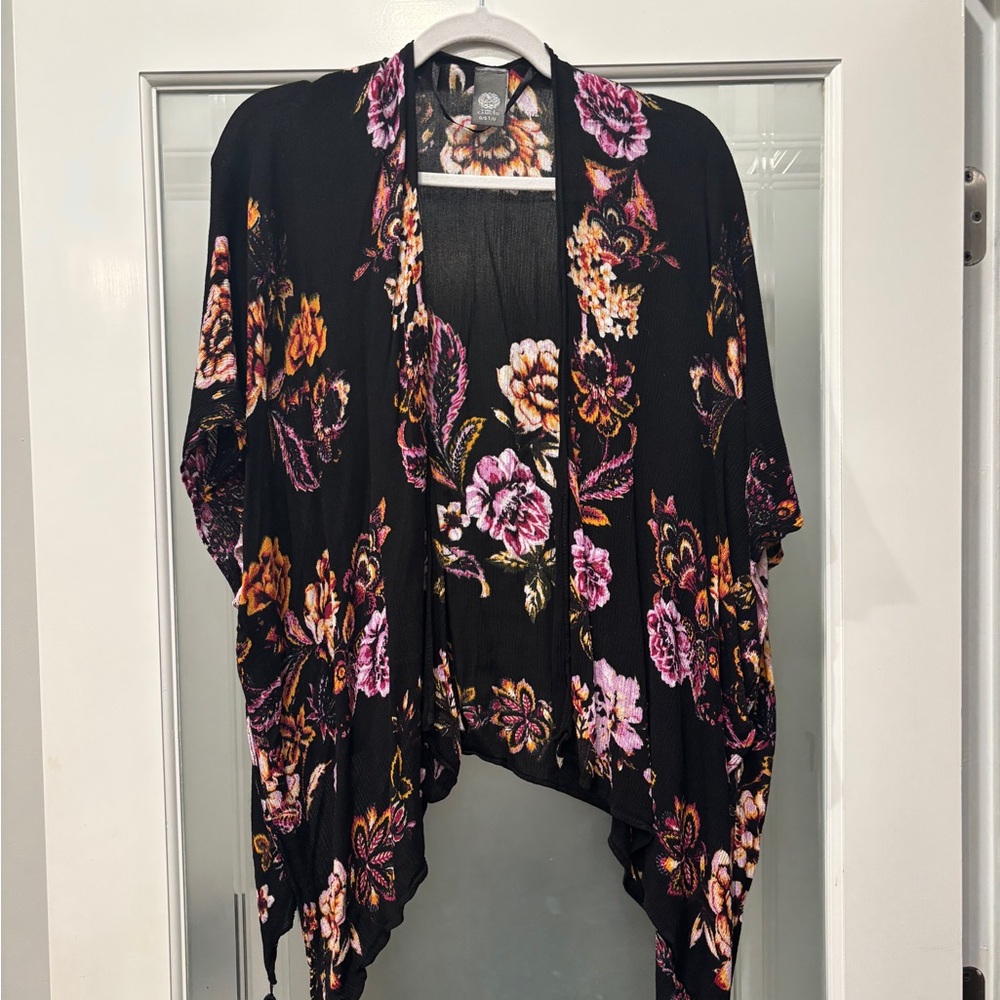 Vince Camuto Black Floral Open-Front Kimono Cardigan with Pink & Mustard Blooms